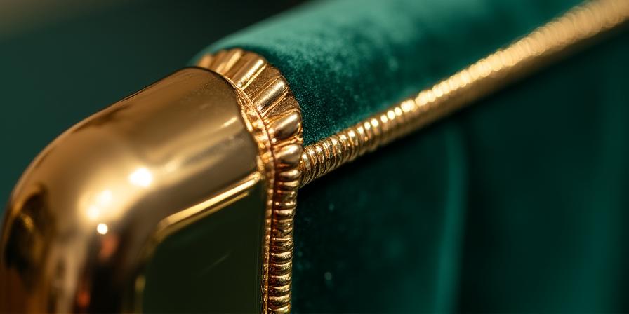Dettaglio macro di finiture dorate e velluto verde in stile Art Déco